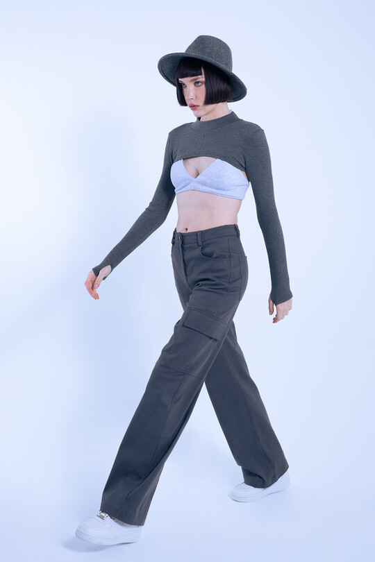 Gray High Waist Wide Leg Cargo Pants - BERFUĞ KIRAN (1)