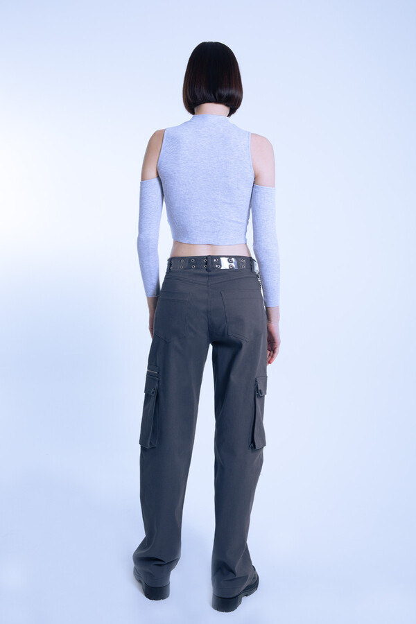 Gray Off-Shoulder Short Ribbed Blouse - 5