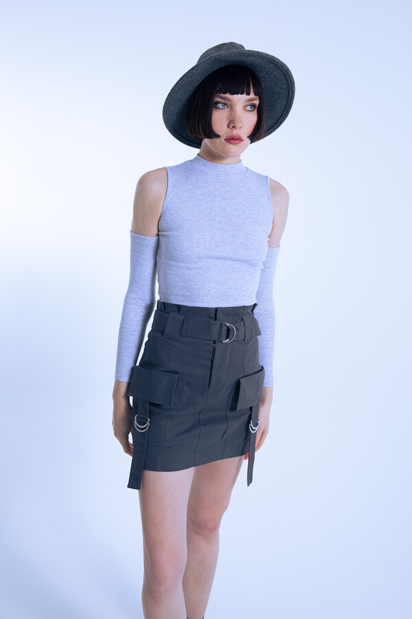 Gray Off-Shoulder Short Ribbed Blouse - 1