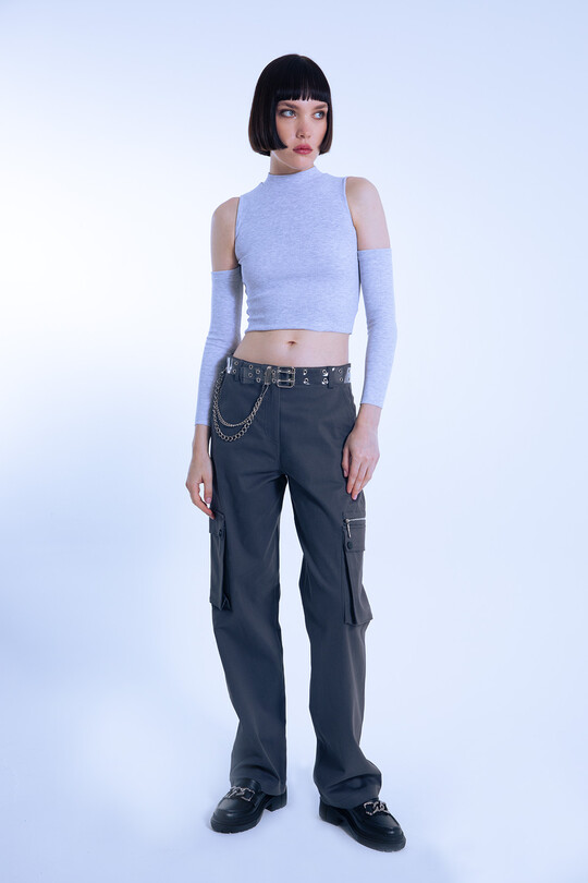 Gray Off-Shoulder Short Ribbed Blouse - 3