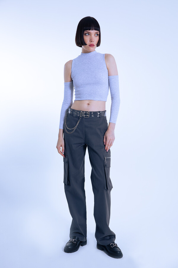 Gray Off-Shoulder Short Ribbed Blouse - 3