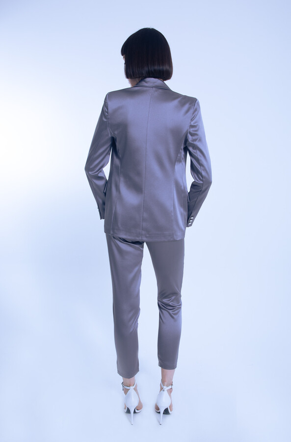Gray Satin Wrap Blazer with Fitted Waist - 4