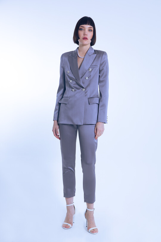 Gray Satin Wrap Blazer with Fitted Waist - BERFUĞ KIRAN (1)