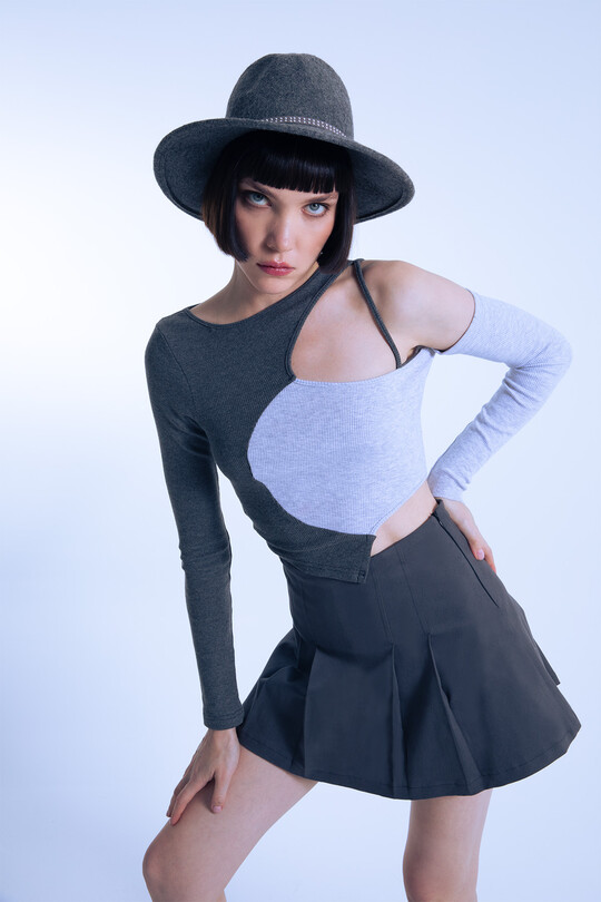 Gray/anthracite two-tone asymmetrical corset crop top - 1