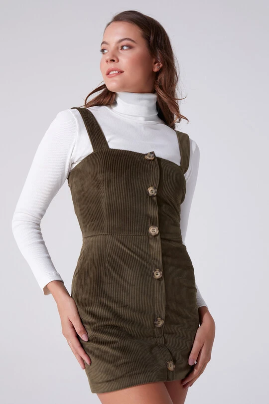 Grünes, knöpfbares Mini-Kleid mit Trägern 