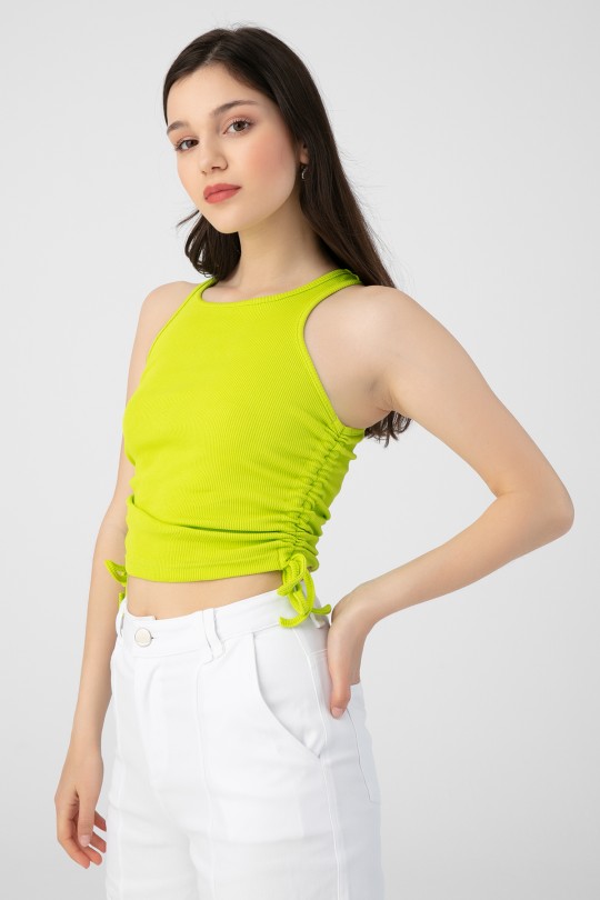 Lime Ruched Side Ribbed Crop Top - 2