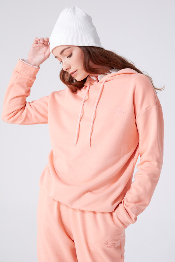 Lachsfarbenes Kapuzen-Sweatshirt mit weitem Schnitt - 1