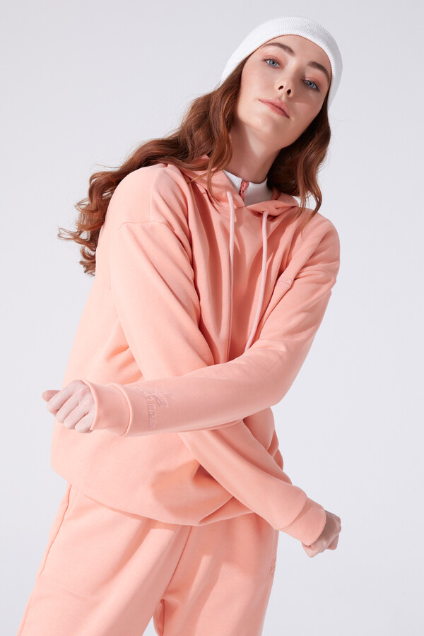 Lachsfarbenes Kapuzen-Sweatshirt mit weitem Schnitt - 3