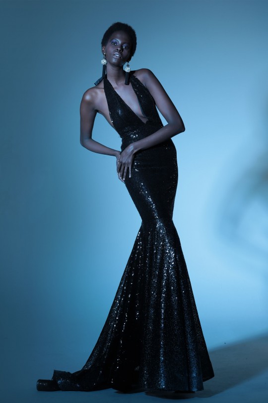 LANGES KLEID MIT DEM RÜCKEN UND DEKOLIEREN VON FISCH 