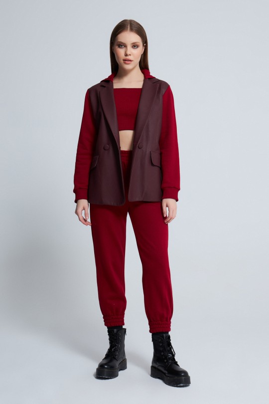  LEDERÄRMEL VORNE DREIFADEN KAPPE JACKE MAROON - BERFUĞ KIRAN