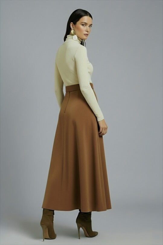 LIGHT BROWN FLOUNCED MIDI LENGTH SKIRT - 5