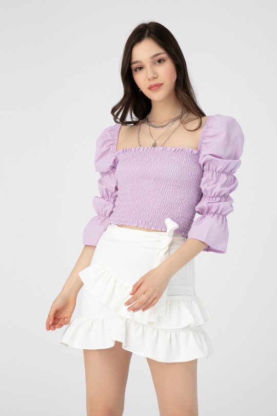 Lila Bluse mit elastischem Karree-Ausschnitt - 1