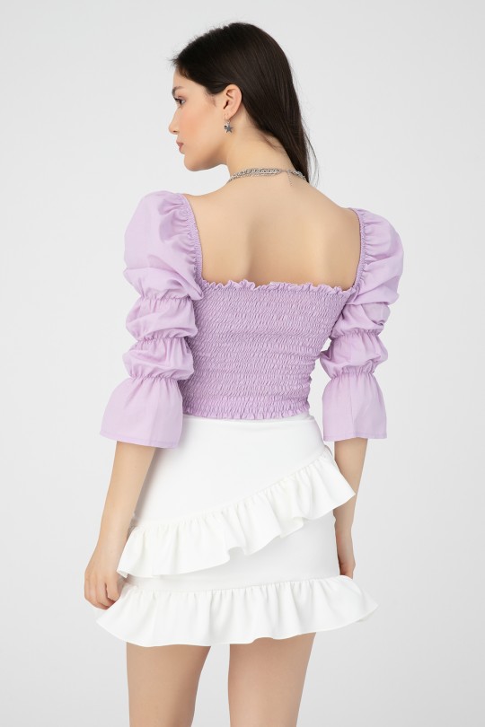 Lila Bluse mit elastischem Karree-Ausschnitt - 3