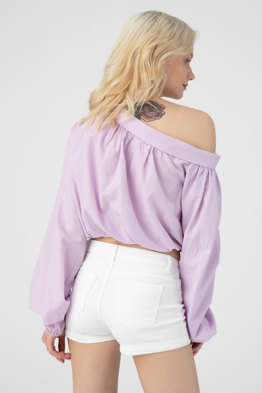 Lila Bluse mit tiefem Schulteransatz und elastischem Bund - 3