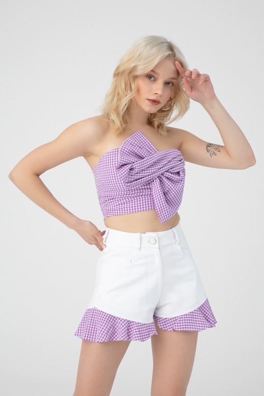 Lila karierter Crop-Top mit Schleifendetail vorne und elastischem Rücken - BERFUĞ KIRAN (1)