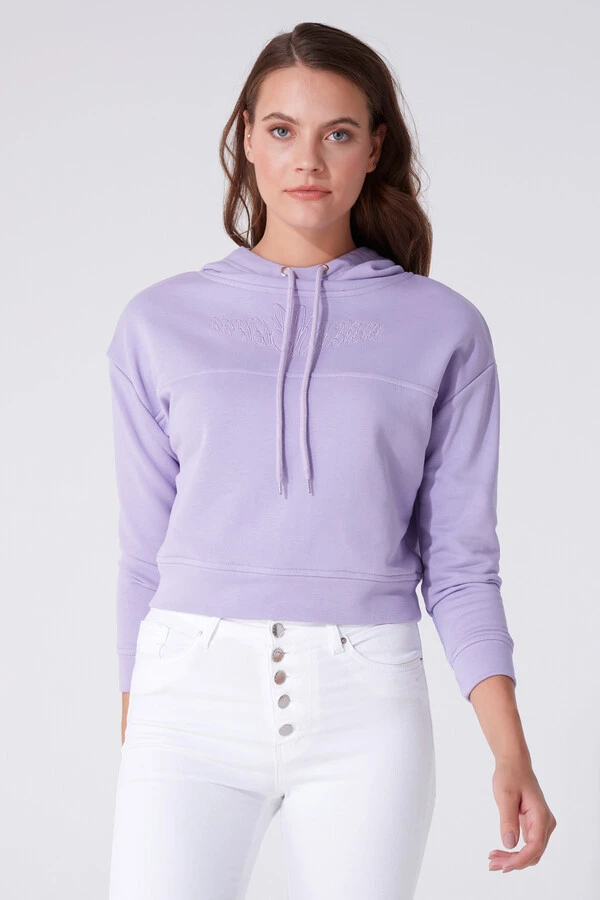 Lila kurzes Sweatshirt mit Kapuze - 1