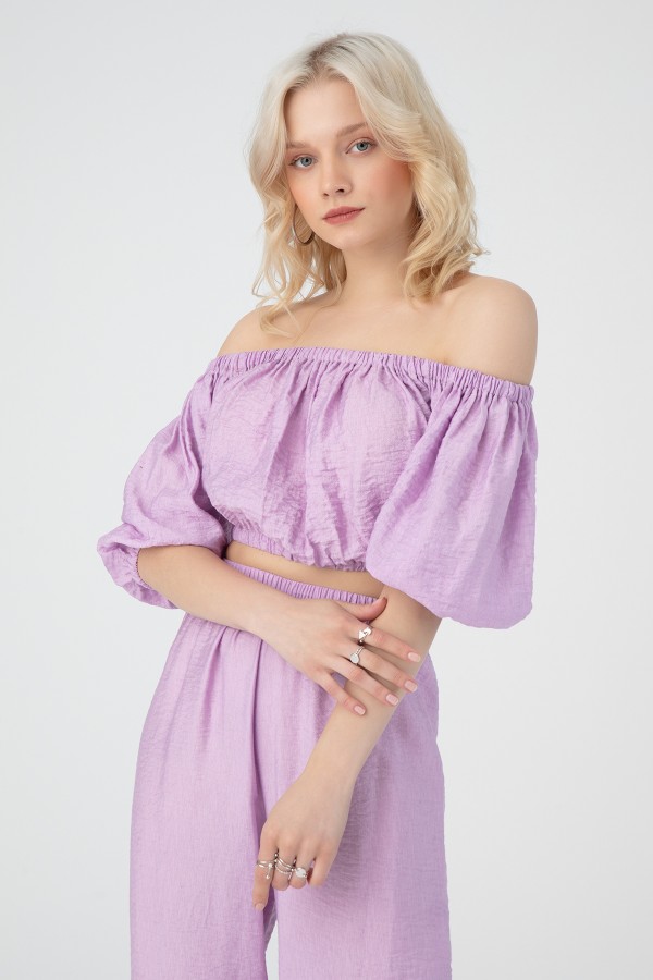 LİLA OMZU LASTİKLİ BLUZ