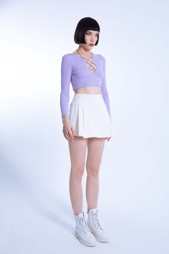 Lilac Crop Top with Stone-Embellished Collar - 2