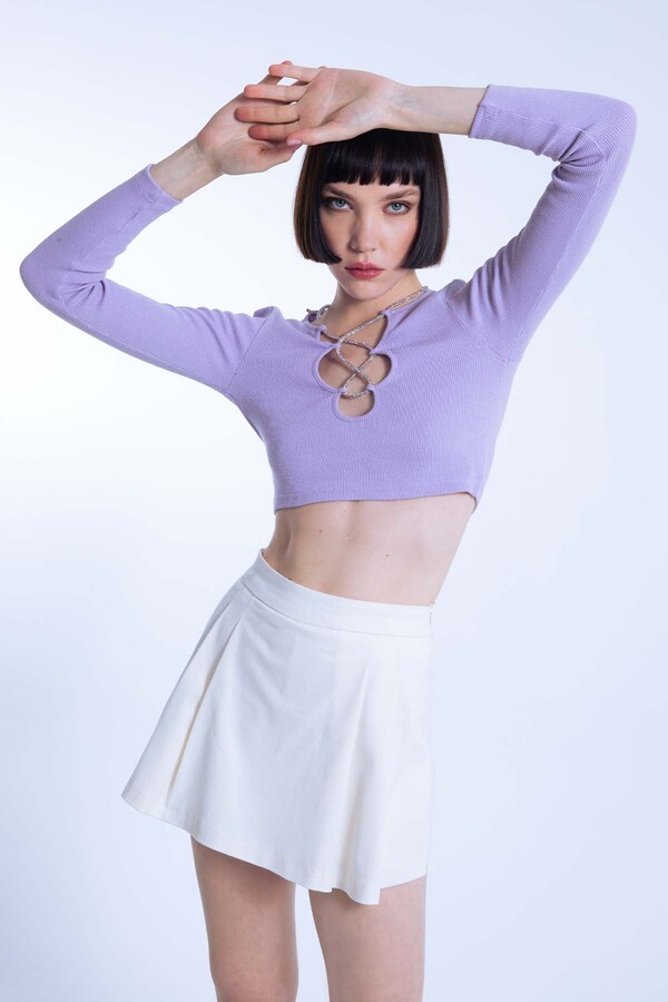 Lilac Crop Top with Stone-Embellished Collar - 1