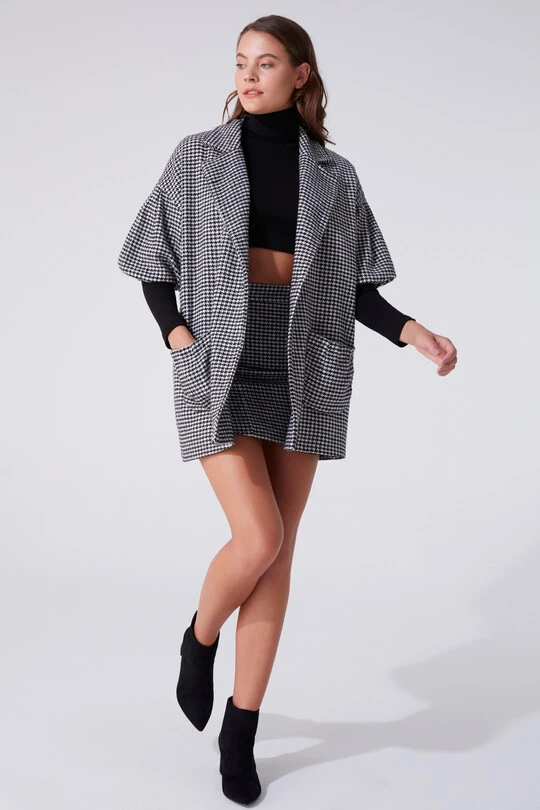 BLACK / WHİTE LONG JACKET WITH BALLOON SLEEVES - 2