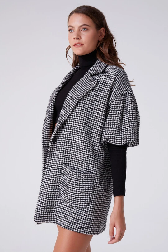 BLACK / WHİTE LONG JACKET WITH BALLOON SLEEVES - 3