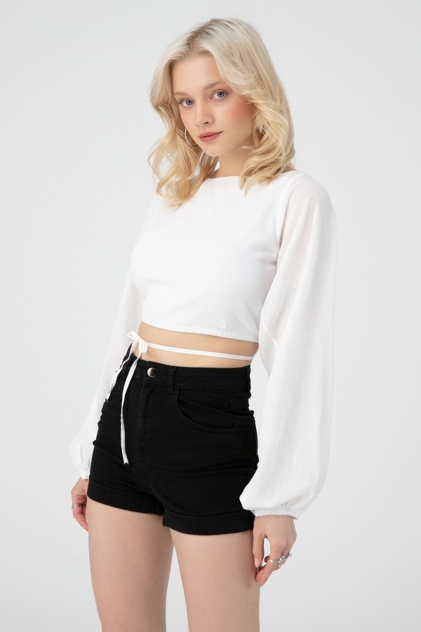 LONG SLEEVE BLOUSE WITH TIE BACK - 1