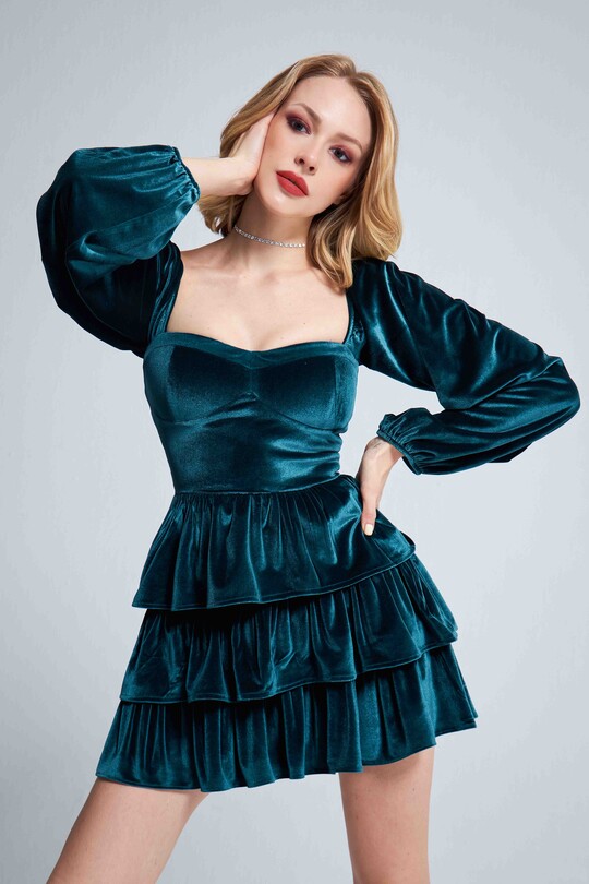 LONG SLEEVE LAYER VELVET DRESS GREEN - 2