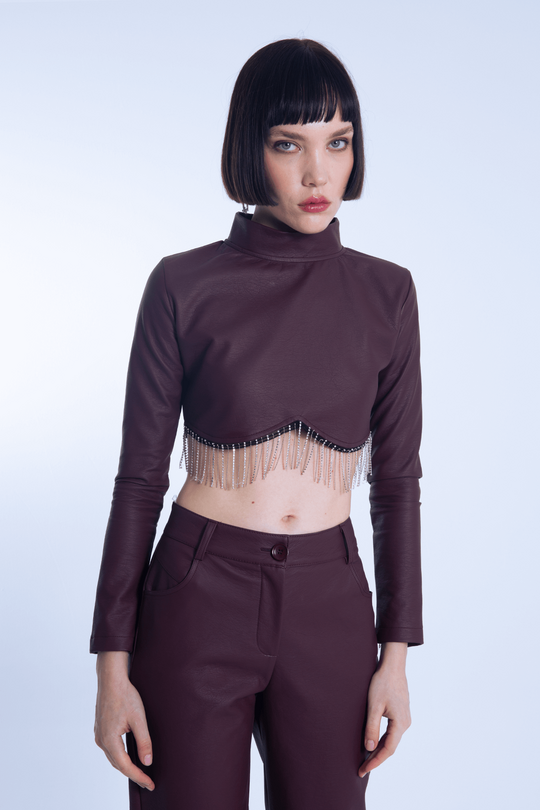 MAROON LANGÄRMLIGE HOT-STONE-BLUSE AUS SAMT - BERFUĞ KIRAN
