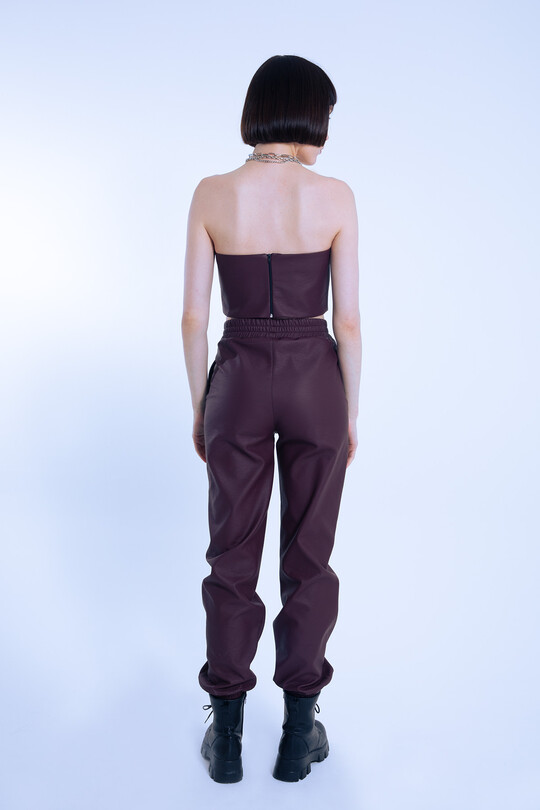 MAROON STRAPLESS SHORT LEATHER BUSTIER - 4