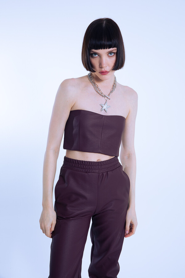 MAROON STRAPLESS SHORT LEATHER BUSTIER - 1