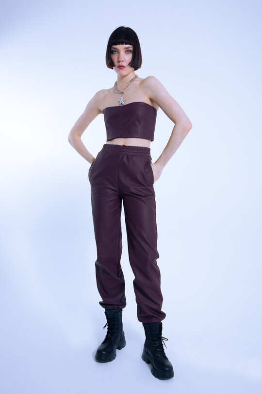 MAROON STRAPLESS SHORT LEATHER BUSTIER - 2