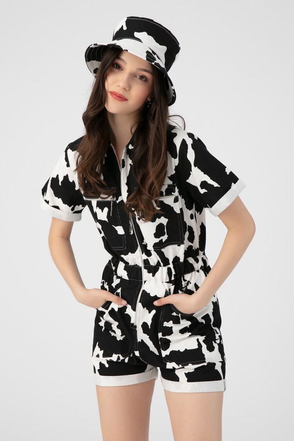 MILA PATTERNED DENIM FRONT ZIPPER JUMPSUIT WITH SHORTS BLACK - 2