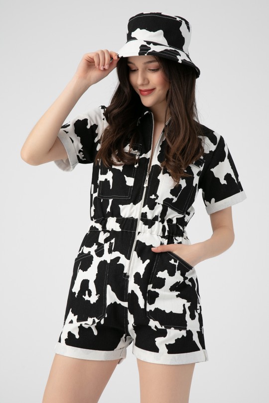 MILA PATTERNED DENIM FRONT ZIPPER JUMPSUIT WITH SHORTS BLACK - 3
