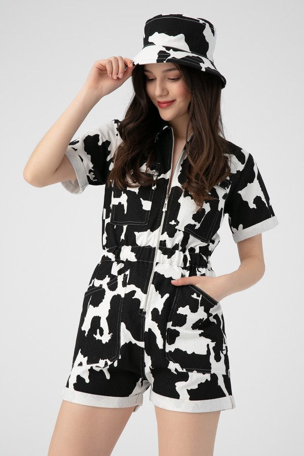 MILA PATTERNED DENIM FRONT ZIPPER JUMPSUIT WITH SHORTS BLACK - 3