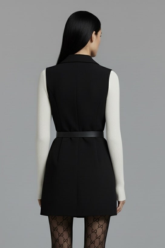 Mini-Westenkleid mit schwarzem Kragen und einem Knopf - 8