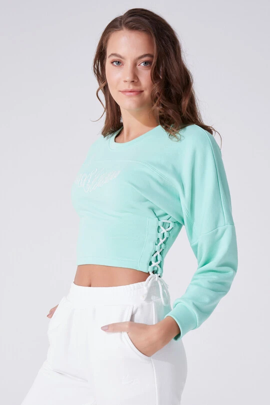 Mintgrünes Sweatshirt mit Rundhalsausschnitt, langen Ärmeln und seitlicher Schleife 