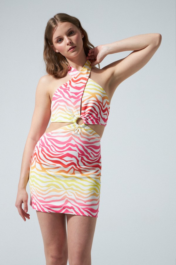 Multicolor Print Halter Neck Dress with Front Buckle - 2