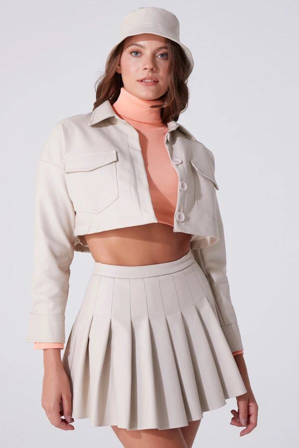 Offene kurze Lederjacke in Vizonfarbe - 2