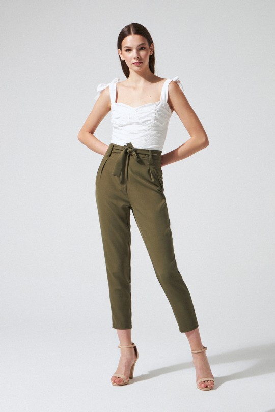 Olivfarbene High-Waist Haremshose mit Taillengürtel 