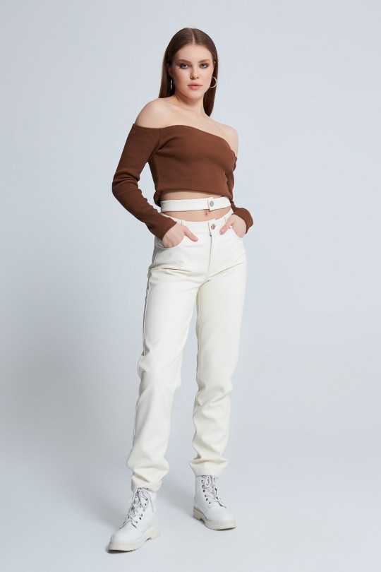 BROWN OPEN SHOULDER LONG SLEEVE CROP 