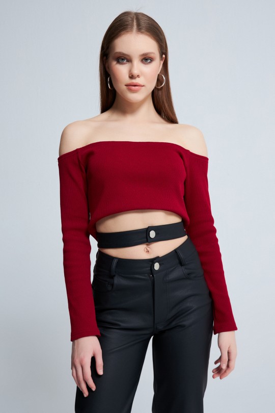 BURGUNDY OPEN SHOULDER LONG SLEEVE CROP 