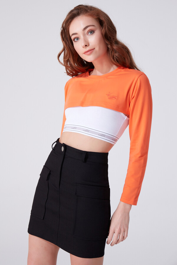 Orangenfarbenes Langarm-Crop-Top - 1