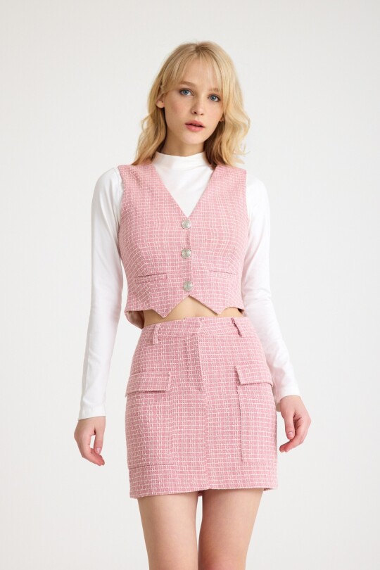 Pink and white V-neck fitted tweed vest - 1