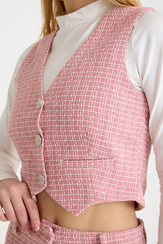 Pink and white V-neck fitted tweed vest - 2