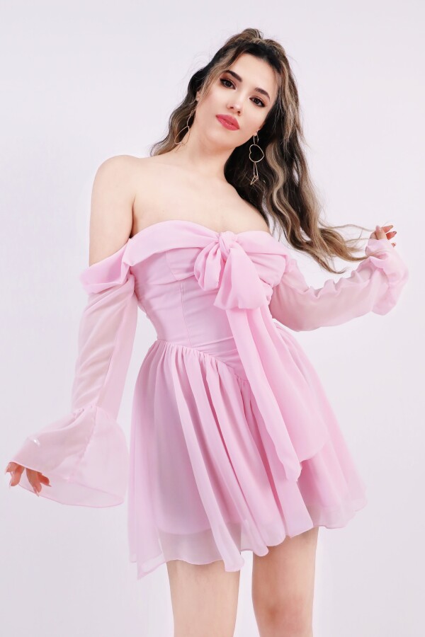 PINK FRONT-TIE LONG SLEEVE CHIFFON MINI DRESS - 7