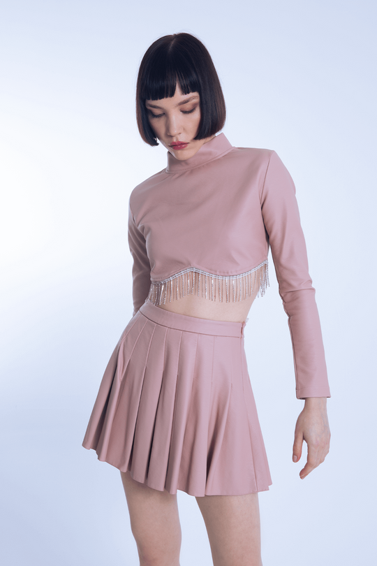 Pink long-sleeve leather blouse with embellished hem - 2