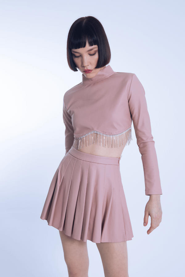 Pink long-sleeve leather blouse with embellished hem - 2