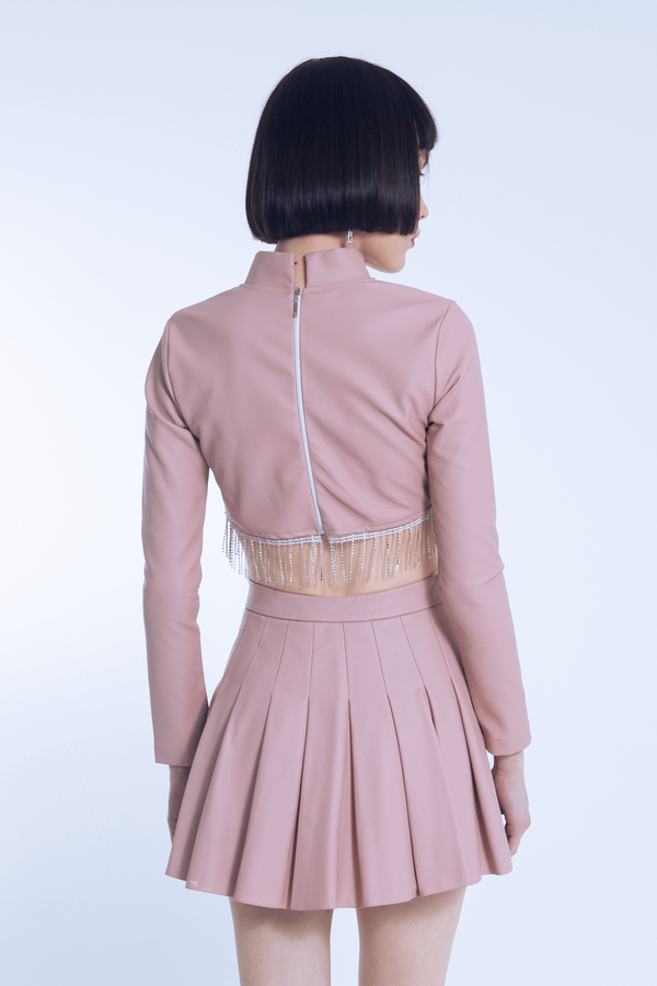 Pink long-sleeve leather blouse with embellished hem - 3