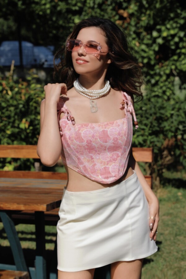 Pink patterned bustier with tie-up straps and underwire cups - 5