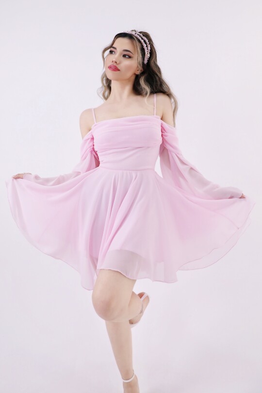 PINK STRAPPY LONG SLEEVE CHIFFON DRESS WITH RUFFLED HEM 
